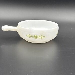 Vintage Glasbake Milk Glass Handled Soup Bowl Green Daisy Floral J-2639 MCM USA